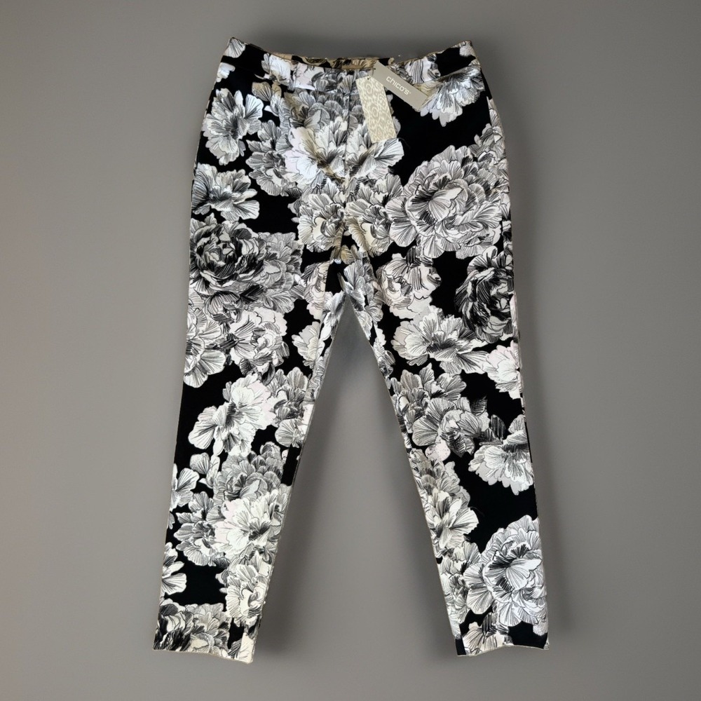 NWT Chico's Black Label Slim Leg Ankle Pants Women's‎ Size 8 Black White Flora